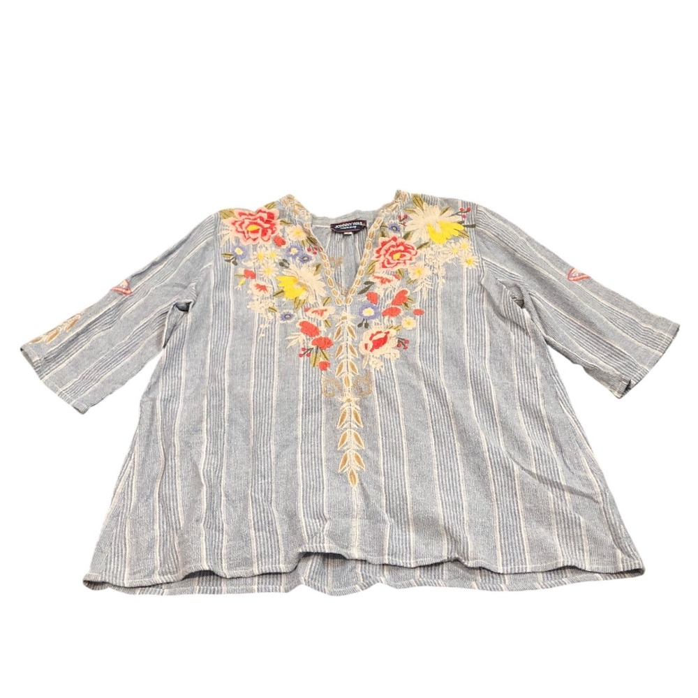 Johnny Was Workshop Blouse Womens S Blue Striped Floral Embroidered V-Neck Top